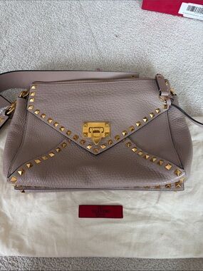 Valentino Gold-Studded Taupe Leather Shoulder Bag